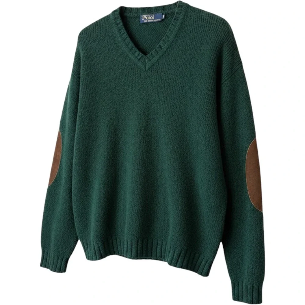 Polo Ralph Lauren Mens XL Green Wool Alpaca V-Neck Sweater Suede Elbow Patches